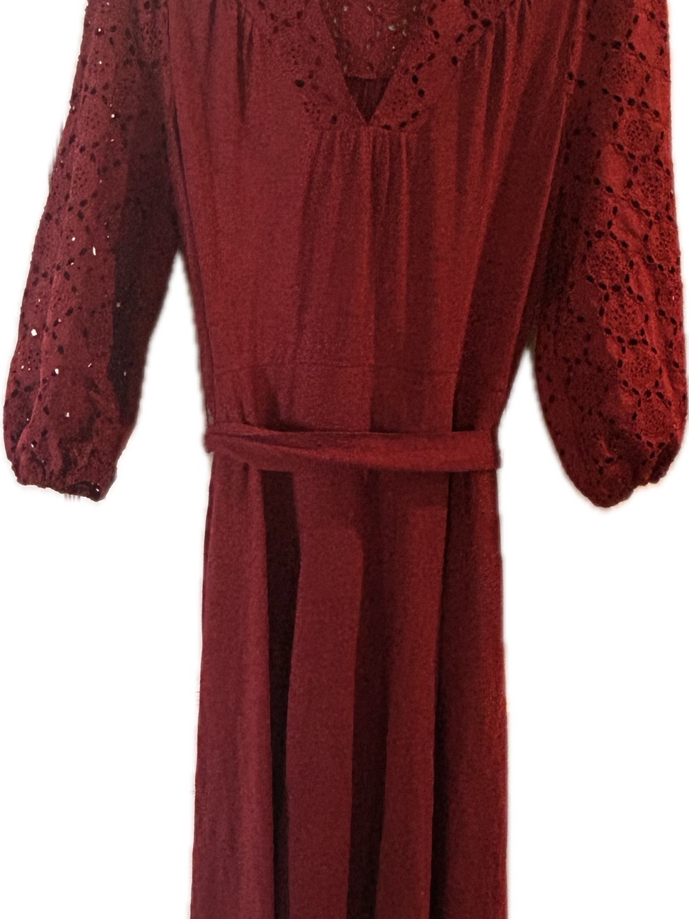 Boden Eden Broderie Jersey Dress—Burgundy Eyelet Detail Midi with Belt, NWOT - Picture 5 of 10